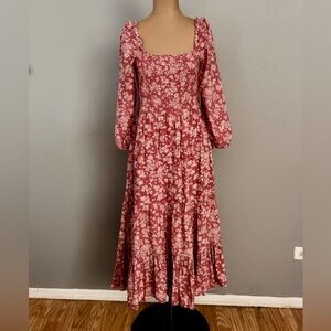 Lucky Brand Floral Smocked Square Neck Lined Maxi Dress Romantic Boho S